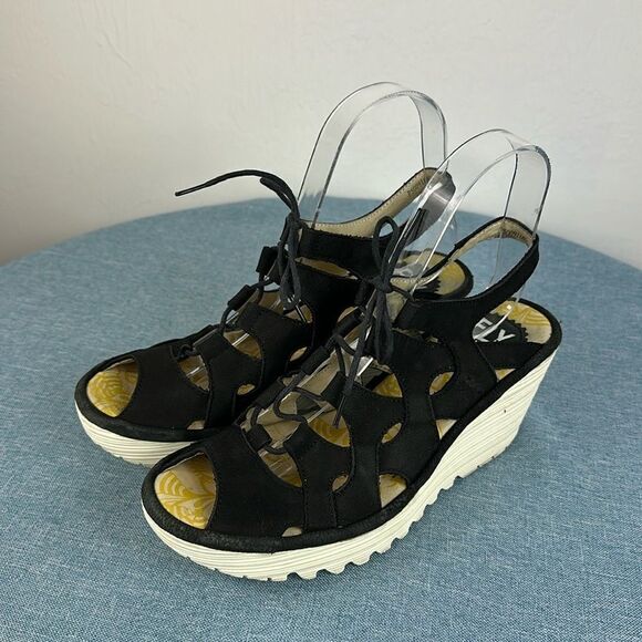 Fly London Black Yexa Lace-up Gladiator Platform Wedge Sandals Size 6-6.5 - Picture 3 of 9